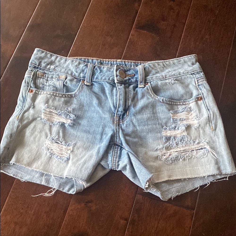 Distressed Light Blue Denim AE Shorts